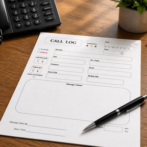 Phone Call Log, Printable, Full Page v- Detailed, 8.5x11, Digital Download