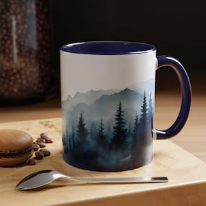 Mountain and Forest Watercolor Accent Coffee Mug (11oz) - Nature Lover Gift, Unique Tea Cup, Outdoor Adventure, Camping Mug, Hiking