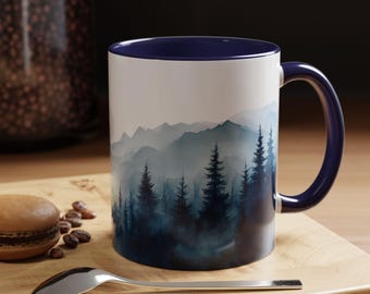 Berg och skog akvarell accent kaffemugg (340 g) - Naturälskare present, unik tekopp, utomhusäventyr, campingmugg, vandring