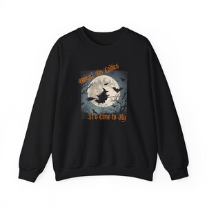 Witchy Sweatshirt: Vintage Halloween Witch on Broom, Spooky Season Apparel