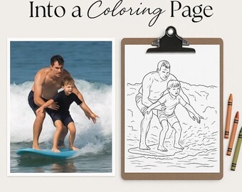 Puede incluir: La imagen muestra una foto y una página para colorear una al lado de la otra. La foto muestra a un hombre y un niño surfeando en una tabla de surf azul. La página para colorear es un dibujo lineal de la misma escena. El texto en la parte superior dice "Turn Your Photo Into a Coloring Page."