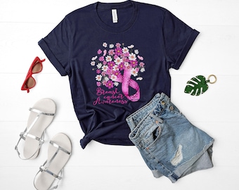 Camiseta de concientización sobre el cáncer de mama: diseño floral de lazo rosa