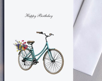 Birthday Retro Bicycle Card With Flowers, English and French