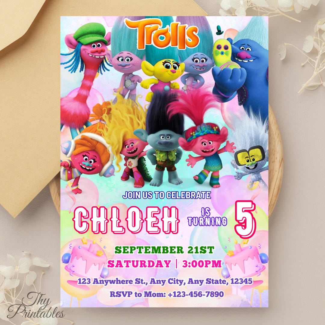Editable Trolls Invitation,editable Trolls Birthday Template, Printable ...