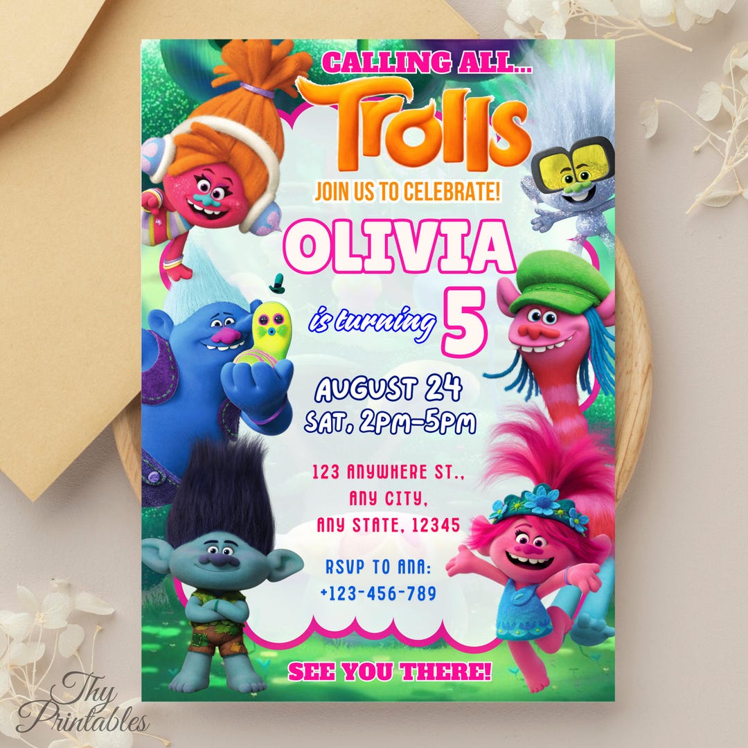 Editable Trolls Invitation,editable Trolls Birthday Template, Printable ...