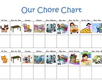 May include: A colorful chore chart with illustrations depicting various household tasks. The title "Our Chore Chart" is displayed in blue. The chart includes images of cleaning, pet care, and other activities, designed for children.