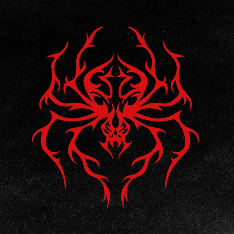 Red decal sticker of a tribal tattoo style spider.