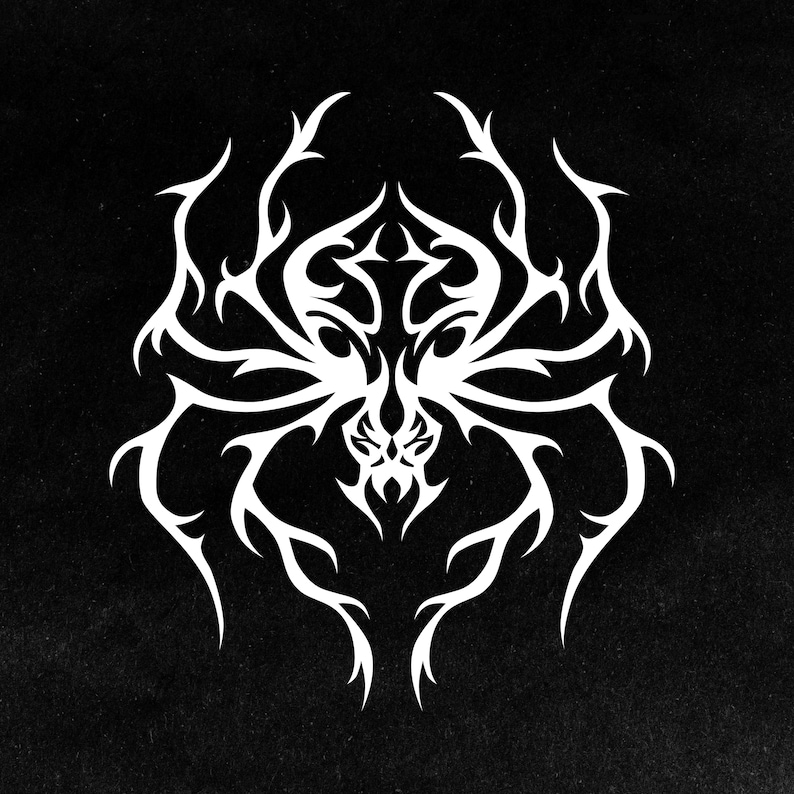 White decal sticker of a tribal tattoo style spider.