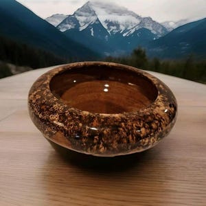Puede incluir: Un cuenco de cerámica marrón con un esmalte moteado. El cuenco tiene una forma redondeada y un interior amplio y poco profundo.