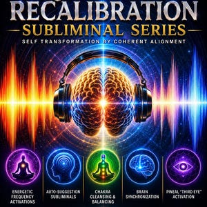 May include: A digital graphic titled QUANTUM RECALIBRATION SUBLIMINAL SERIES featuring a central human brain wearing headphones over a sound wave background. Below are five circular icons depicting meditation, brain waves, and an eye symbol.