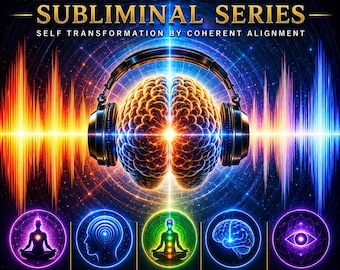 May include: A digital graphic titled QUANTUM RECALIBRATION SUBLIMINAL SERIES featuring a central human brain wearing headphones over a sound wave background. Below are five circular icons depicting meditation, brain waves, and an eye symbol.