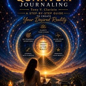 May include: A book cover titled Quantum Journaling by Tony V. Clarizio. The cover features a person writing in a journal against a cosmic background with a glowing staircase, golden circular icons, and text including Thought Energy Action Reality.
