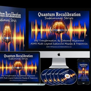 May include: A computer screen, laptop, and smartphone all display the same image: a blue and yellow graphic with the text "Quantum Recalibration Subliminal Series". The text "Self Transformation By Coherent Alignment ASMR Multi-Layered Subliminal Messages & Frequencies" is also displayed on the screen. There are five CDs with the same graphic and text.