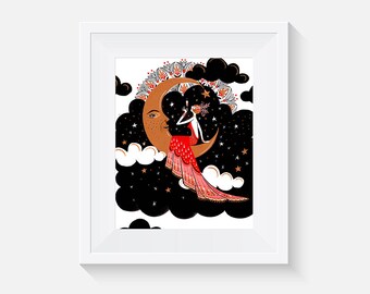 Giclee Print, Lady In Red On Half Moon Art Print