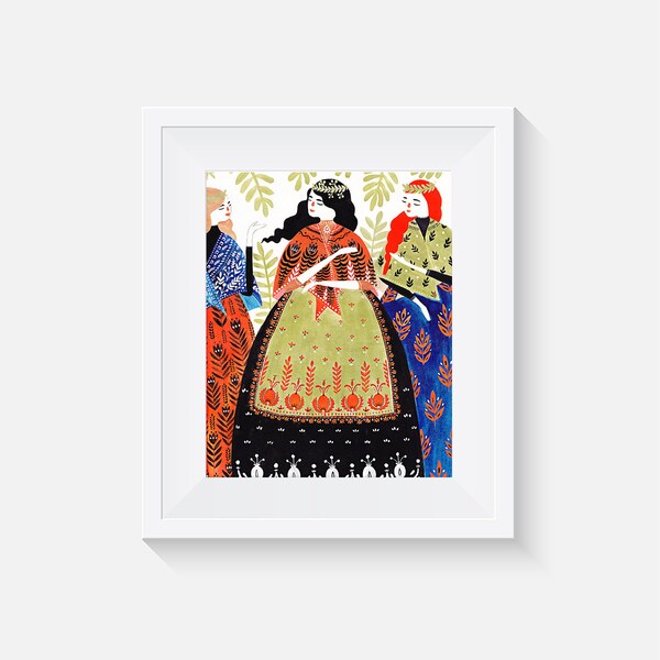 Three Ladies Folk Art Print | Bridesmaids | Sisters | Women | Folk Illustration | Folklore | Dinara Mirtalipova | mirdinara