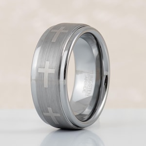 Custom Engrave Sideway Cross Promise Ring, Bible Verse Purity Ring for Men, Men's Tungsten Ring, Religious Ring, Christian Gift for Him