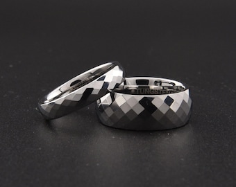 Gray Tungsten Wedding Band Set, Faceted Ring, His & Hers Engagement Promise Rings 4mm 8mm, Engraved Gift for Couples