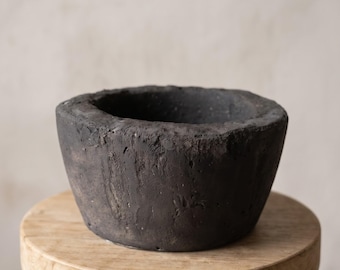 Rustic Mortar aged bowl, dark charcoal stone look, textured distressed style, Wabi Sabi home decor, gift, minimalist decor, handmade vessel