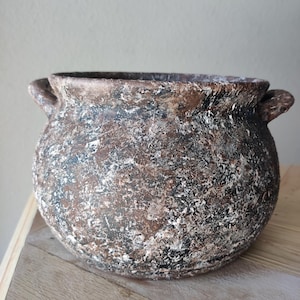 Rustic patina style vessel, primitive aged pot, vintage style earthenware, wabi-sabi, antique pottery look, earthy tones home decor, gift