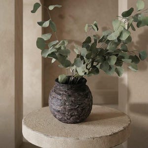 Wabi Sabi pot, distressed pot 8" stone look home decor, primitive style vessel, brown black artisan vase, neutral earthy tones, gift patina