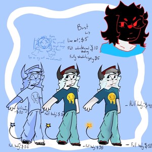 May include: A digital art commission price sheet featuring a character with white hair, horns, and a tail. The image displays a bust, half-body, and full-body illustrations with varying levels of shading and color, accompanied by text listing prices.