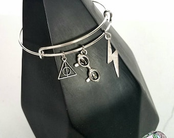 Harry Potter Inspired Charm Bracelet - boy wizard, hogwarts, wizard school, deathly hallows, glasses, book lover, literary jewelry