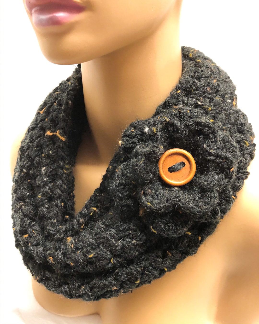 Black Chunky Infinity Scarf Flower Pin Cowl Handmade Knit - Etsy
