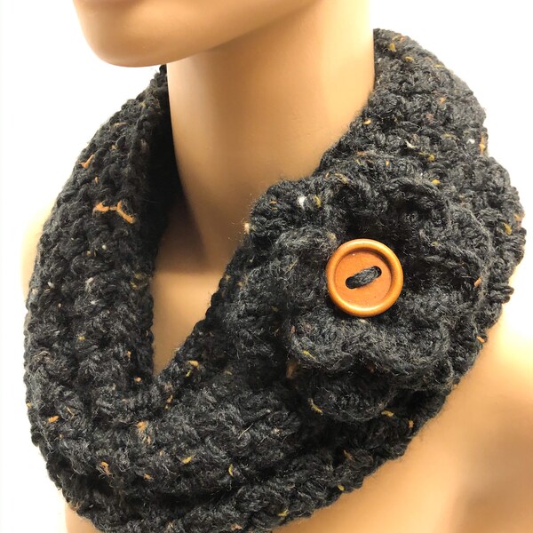 Black Chunky Infinity Scarf, Flower Pin Cowl, Handmade Knit, Crochet Acrylic Neck Warmer