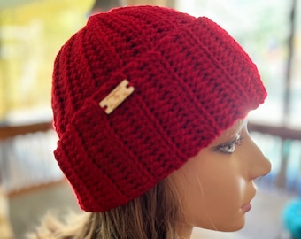 Red Ribbed Knit Hat, Beanie, Knit Acrylic