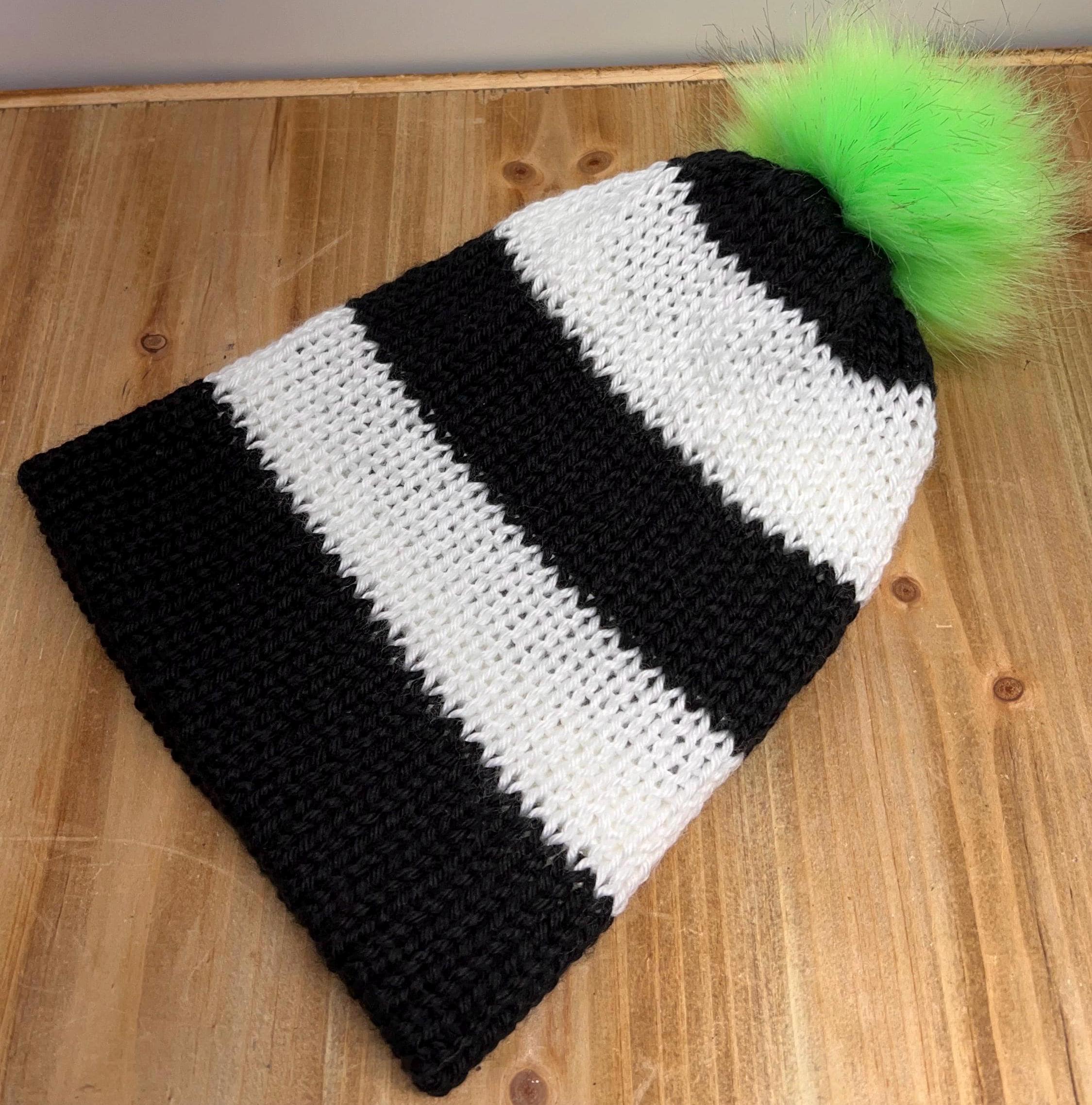 Striped Knit Beanie - Black and White, Faux Fur Pom - Etsy display picture 3