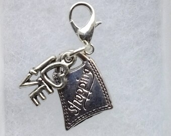 Shopping & Love Clip On Charm: Silver Plated Zipper Pull