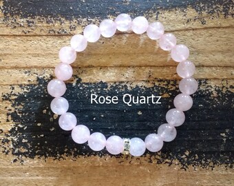 Rose Quartz Beaded Bracelet & Silver Plated Bead, 8mm Polished Pink Stretch Bracelet