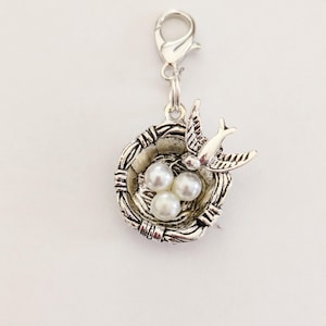 Bird in Nest Clip On Silver Charm Bird Lover Zipper Pull for Purse Planner or Bible