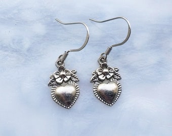 Flower & Heart Dangle Earrings: Silver Charms, Sterling Silver Ear Wires