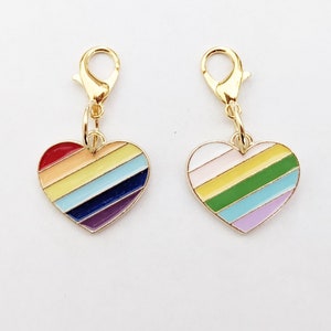 Rainbow Heart Clip On Charm, Planner Charm, Zipper Pull, Purse Charm, Silver Plated Claw Clasp with Enamel Charm