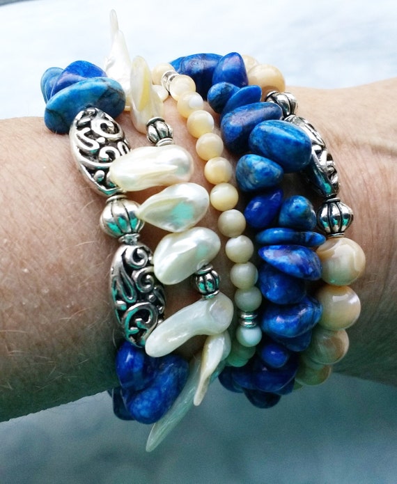 White Mother of Pearl and Blue Shell Beaded Bracelet