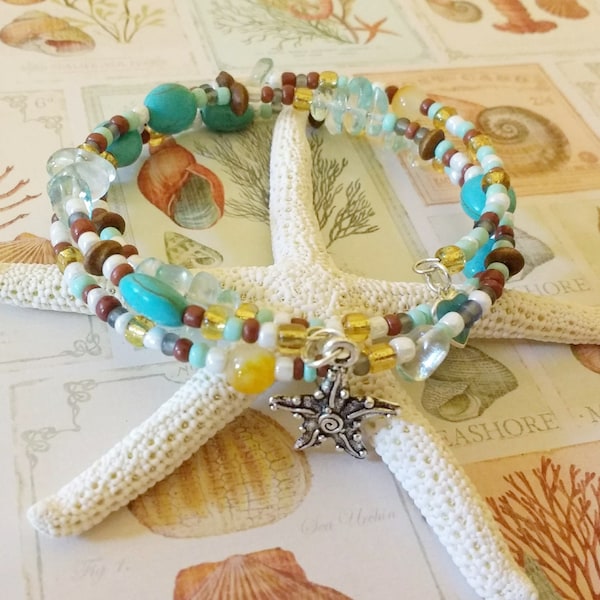 Turquoise Memory Wire Bracelet, Stacking Beaded Bracelet, 3 Strand Coil Bracelet  with Starfish, Handmade