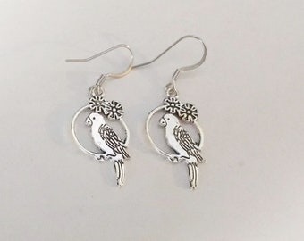 Bird and Flowers Dangle Earrings, Tibetan Silver Charms, Stainless Steel, Silver Plated, Sterling Silver Ear Wires