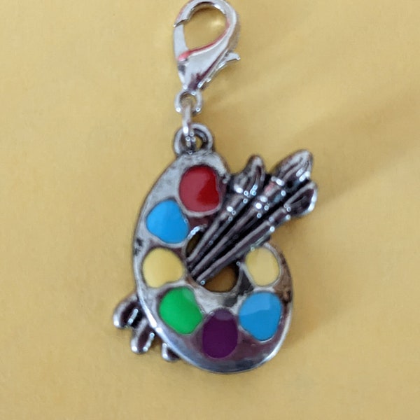 Artist Paint Palette Clip On Charm, Planner Charm, Zipper Pull, Purse Charm, Silver Plated Claw Clasp with Enamel Charm