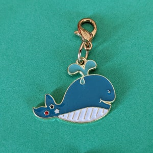 Whale Clip On Charm, Planner Charm, Zipper Pull, Purse Charm, Gold Plated Claw Clasp with Enamel Charm