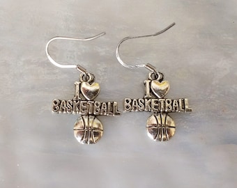 I Love Basketball Dangle Earrings, Tibetan Silver Charms, Stainless Steel, Silver Plated, Sterling Silver Ear Wires