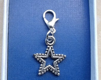 Star, Clip On Charm, Zipper Pull Charm, Star Purse Charm, Silver Plated Claw Clasp With Double Star Tibetan Silver Charm