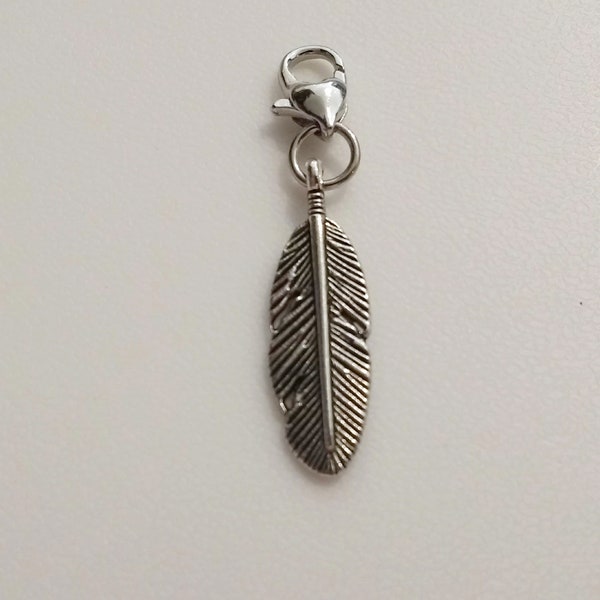 Feather Clip On Charm, Zipper Pull, Tibetan Silver Charm with Silver Plated Lobster Claw Clasp, Zipper Pull, Purse Charm