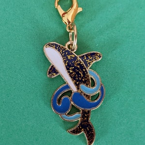 Orca Whale Clip On Charm, Planner Charm, Zipper Pull, Purse Charm, Gold Plated Claw Clasp with Enamel Charm