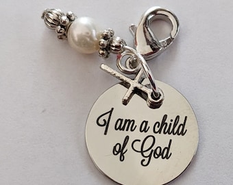 I Am A Child of God Charm: Freshwater Pearl, Silver Cross Clip On