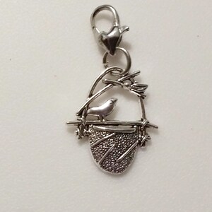 Clip On Charm, Bird in Nest - Tibetan Silver Charm with Silver Plated Lobster Claw Clasp, Bird Lover Zipper Pull, Purse Charm