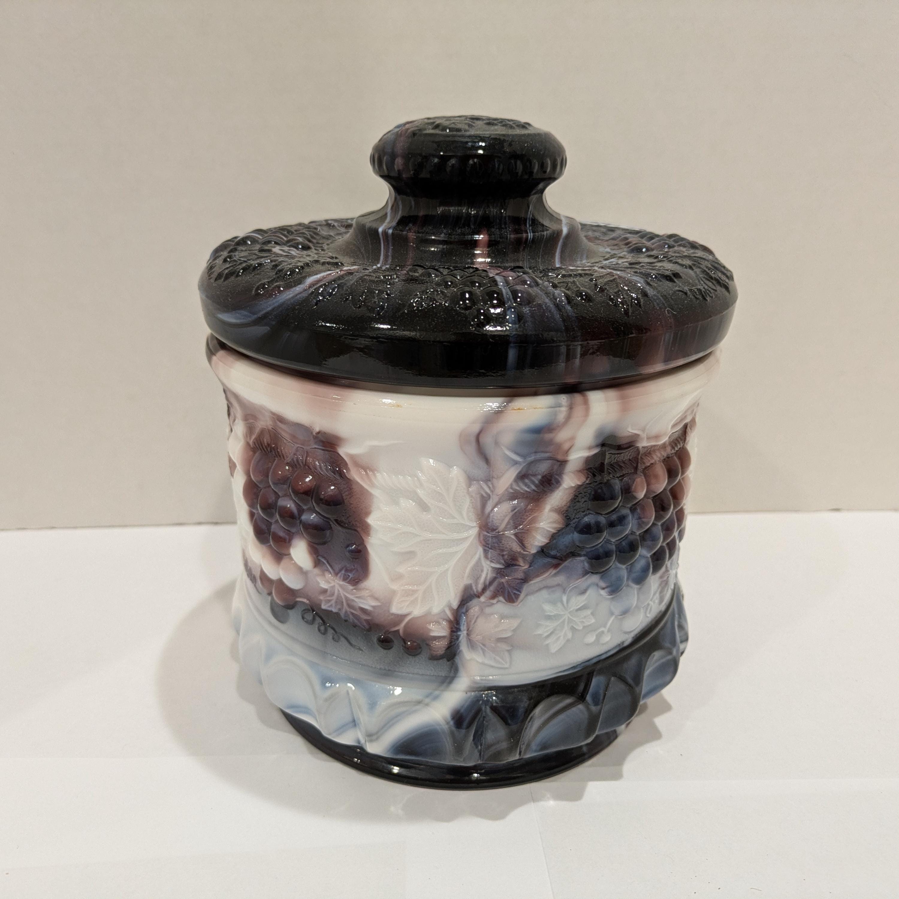 fenton tobacco jar Fenton Purple and White Slag Marble Glass Grape & Cable Humidor W/ Lid  Tobacco Jar