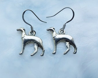 Greyhound Dangle Earrings, Tibetan Silver Dog Charms, Stainless Steel, Silver Plated, Sterling Silver Ear Wires