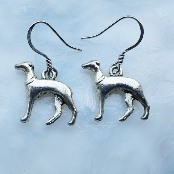 Greyhound Dangle Earrings, Tibetan Silver Dog Charms, Stainless Steel, Silver Plated, Sterling Silver Ear Wires