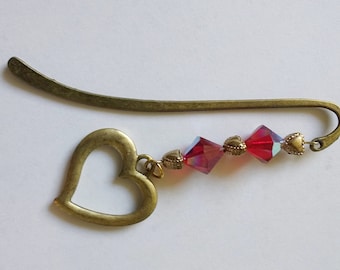 Bronze Metal Bookmark with Red Crystals and Heart, Gift for Reader, Book Lover, Teacher Gift